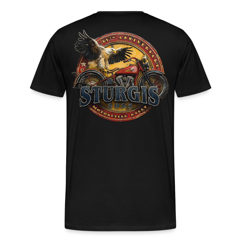 Men's Premium Sturgis Motorcycle Rally 2025 T-Shirt – 85th Anniversary Eagle and Motorcycle Biker Tee -Front and Back Print - black