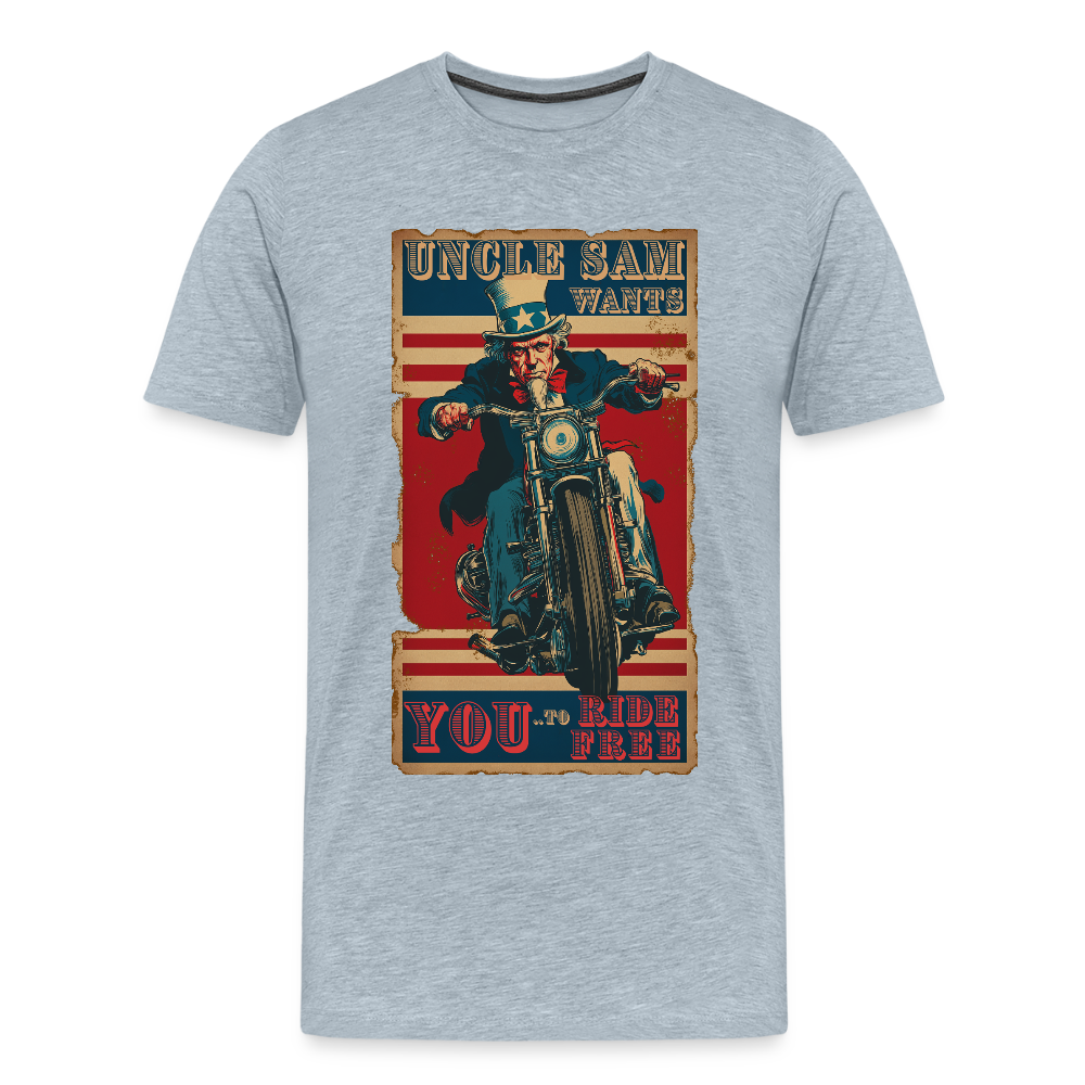 “Uncle Sam Wants YOU to Ride Free” Vintage Biker Tee – Patriotic 4th of July Graphic Shirt - heather ice blue