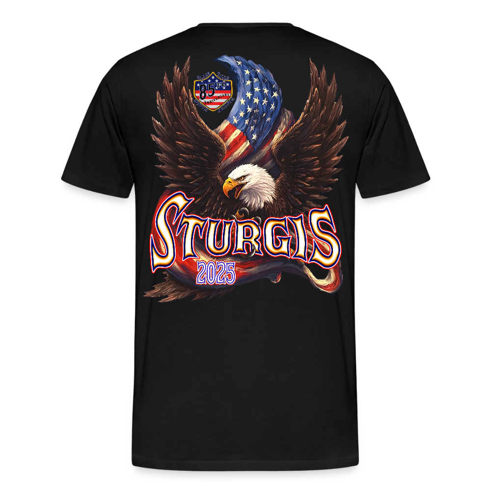 Men's Premium Sturgis Motorcycle Rally 2025 T-Shirt – 85th Anniversary Eagle & Flag Design Biker Tee -Front and Back Print - black