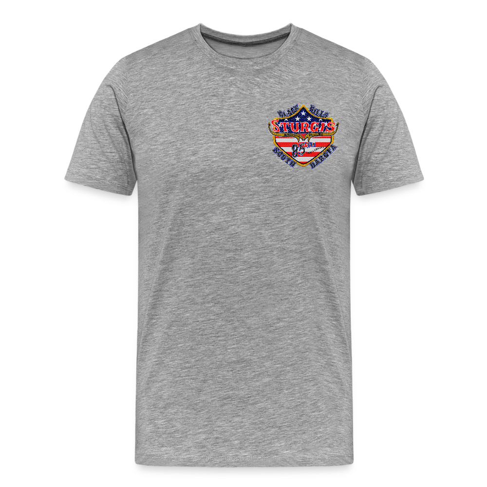 Men's Premium Sturgis Motorcycle Rally 2025 T-Shirt – 85th Anniversary Eagle & Flag Design Biker Tee -Front and Back Print - heather gray