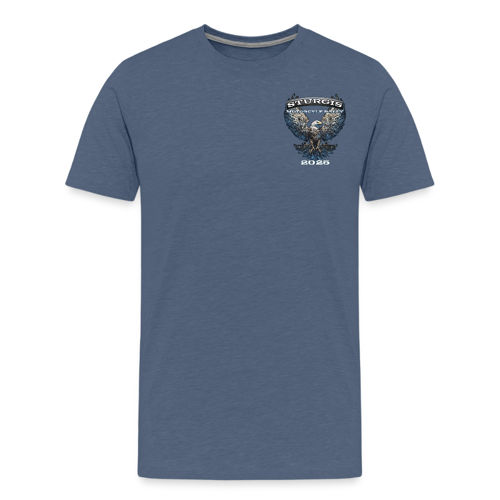 Men's Premium Sturgis Motorcycle Rally 2025 T-Shirt – 85th Anniversary Eagle Biker Tee -Front and Back Print - heather blue