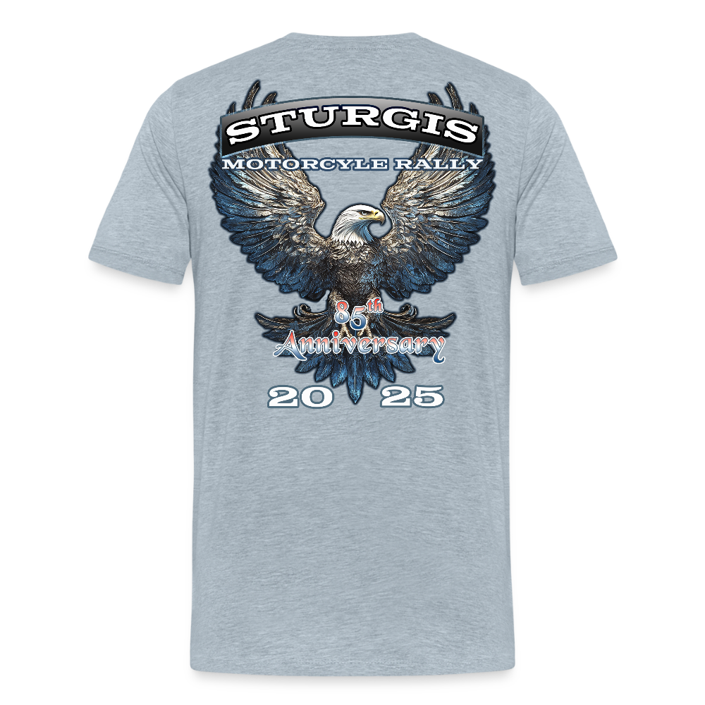 Men's Premium Sturgis Motorcycle Rally 2025 T-Shirt – 85th Anniversary Eagle Biker Tee -Front and Back Print - heather ice blue