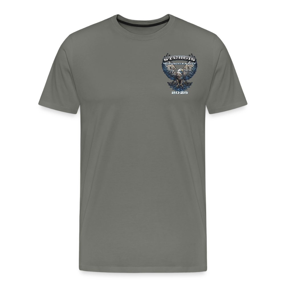 Men's Premium Sturgis Motorcycle Rally 2025 T-Shirt – 85th Anniversary Eagle Biker Tee -Front and Back Print - asphalt gray