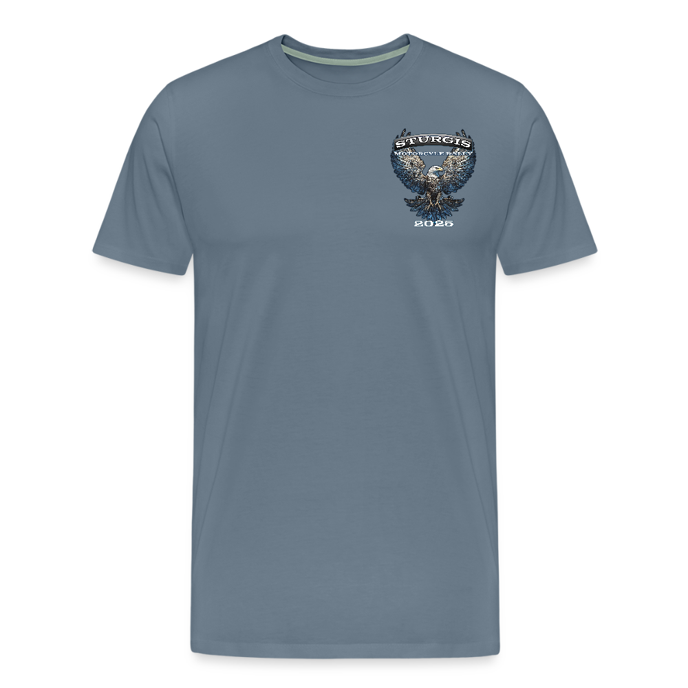 Men's Premium Sturgis Motorcycle Rally 2025 T-Shirt – 85th Anniversary Eagle Biker Tee -Front and Back Print - steel blue