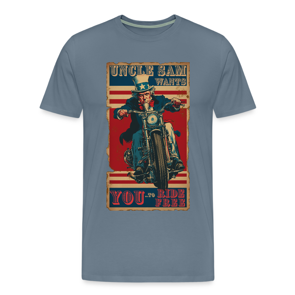 “Uncle Sam Wants YOU to Ride Free” Vintage Biker Tee – Patriotic 4th of July Graphic Shirt - steel blue