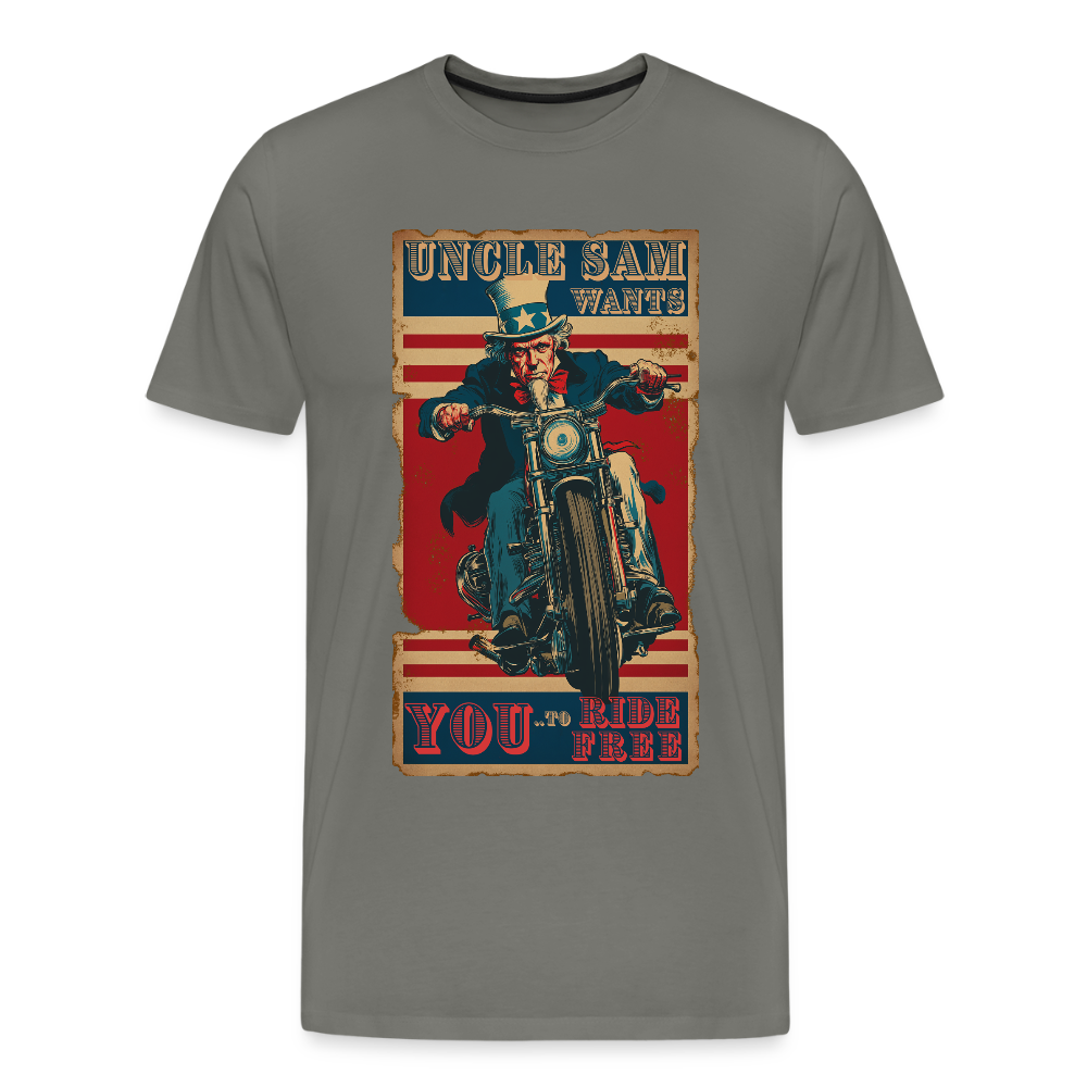 “Uncle Sam Wants YOU to Ride Free” Vintage Biker Tee – Patriotic 4th of July Graphic Shirt - asphalt gray