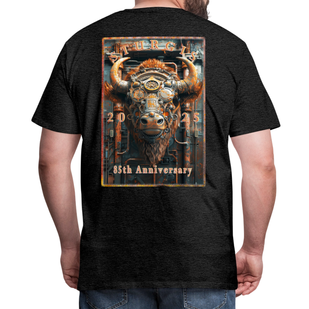 Sturgis Motorcycle Rally 2025 Premium Steampunk Buffalo T-Shirt – 85th Anniversary Steampunk Bison - Front and Back Print - charcoal grey
