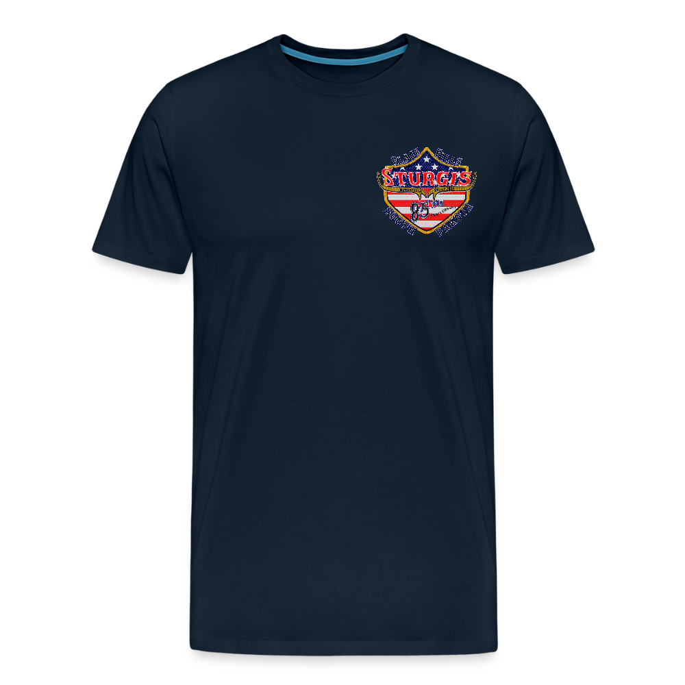 Men's Premium Sturgis Motorcycle Rally 2025 T-Shirt – 85th Anniversary Eagle & Flag Design Biker Tee -Front and Back Print - deep navy