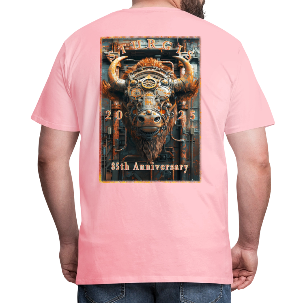 Sturgis Motorcycle Rally 2025 Premium Steampunk Buffalo T-Shirt – 85th Anniversary Steampunk Bison - Front and Back Print - pink