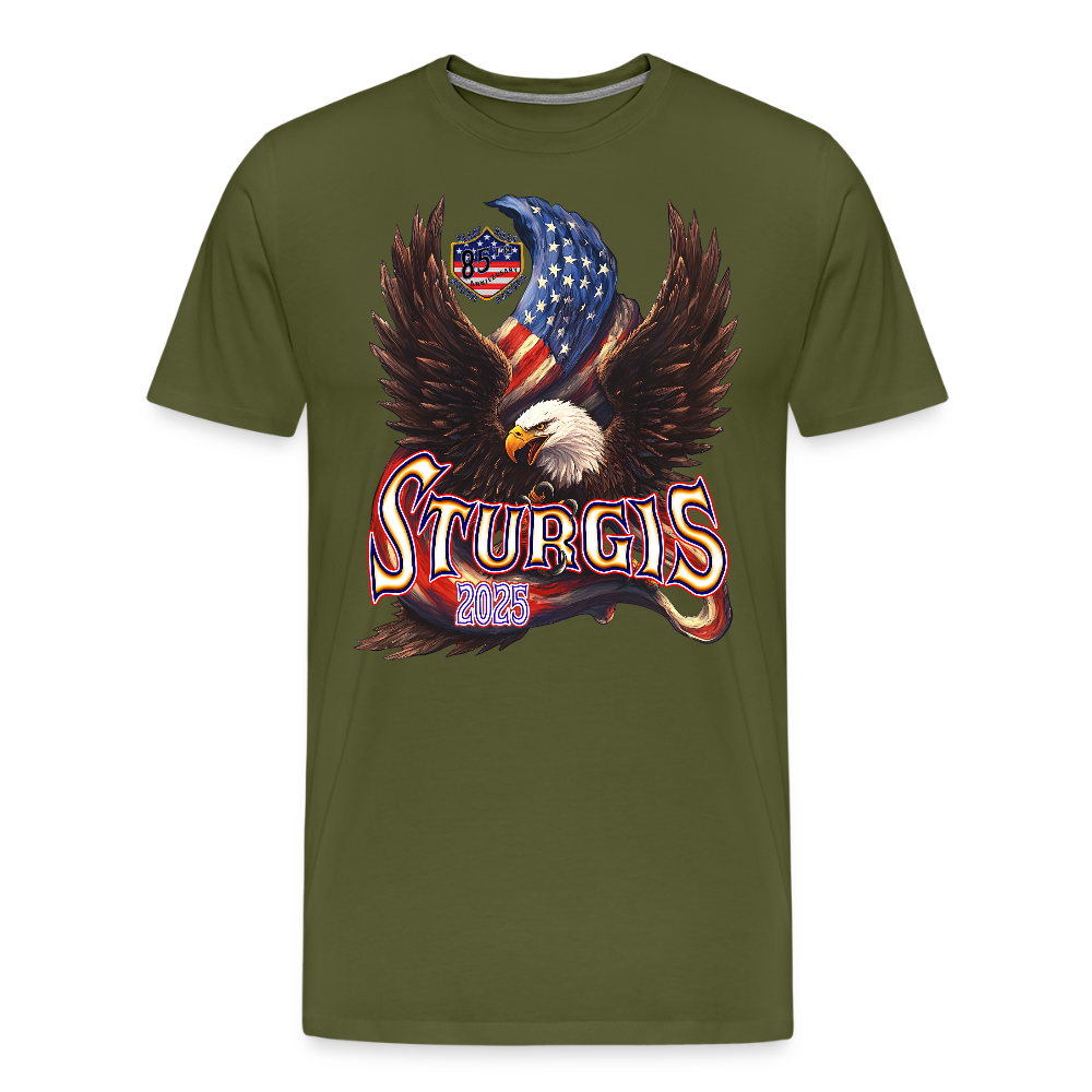 Men's Premium Sturgis Motorcycle Rally 2025 T-Shirt – 85th Anniversary Eagle & Flag Design Biker Tee -Front Print - olive green
