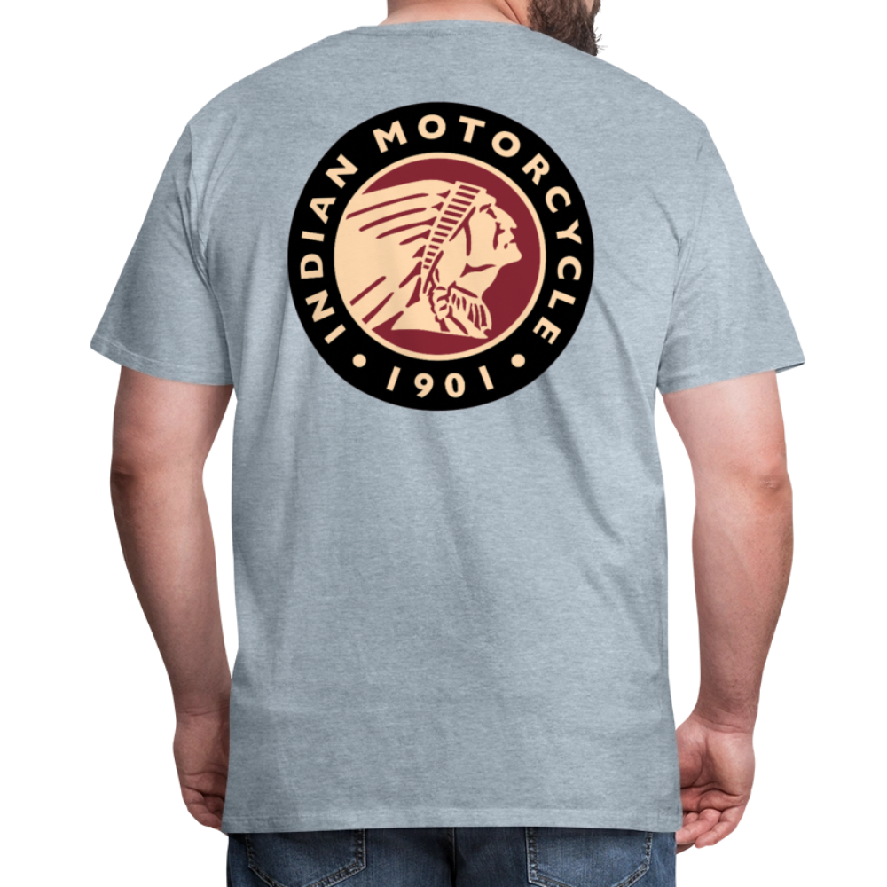 Premium Classic Indian Motorcycle Graphic Shirt - Front and Back Print - heather ice blue