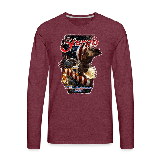 2025 Premium Sturgis Motorcycle Rally Patriotic Flag and Eagle Long Sleeve T-Shirt 85th Anniversary Edition - Front Print - heather burgundy