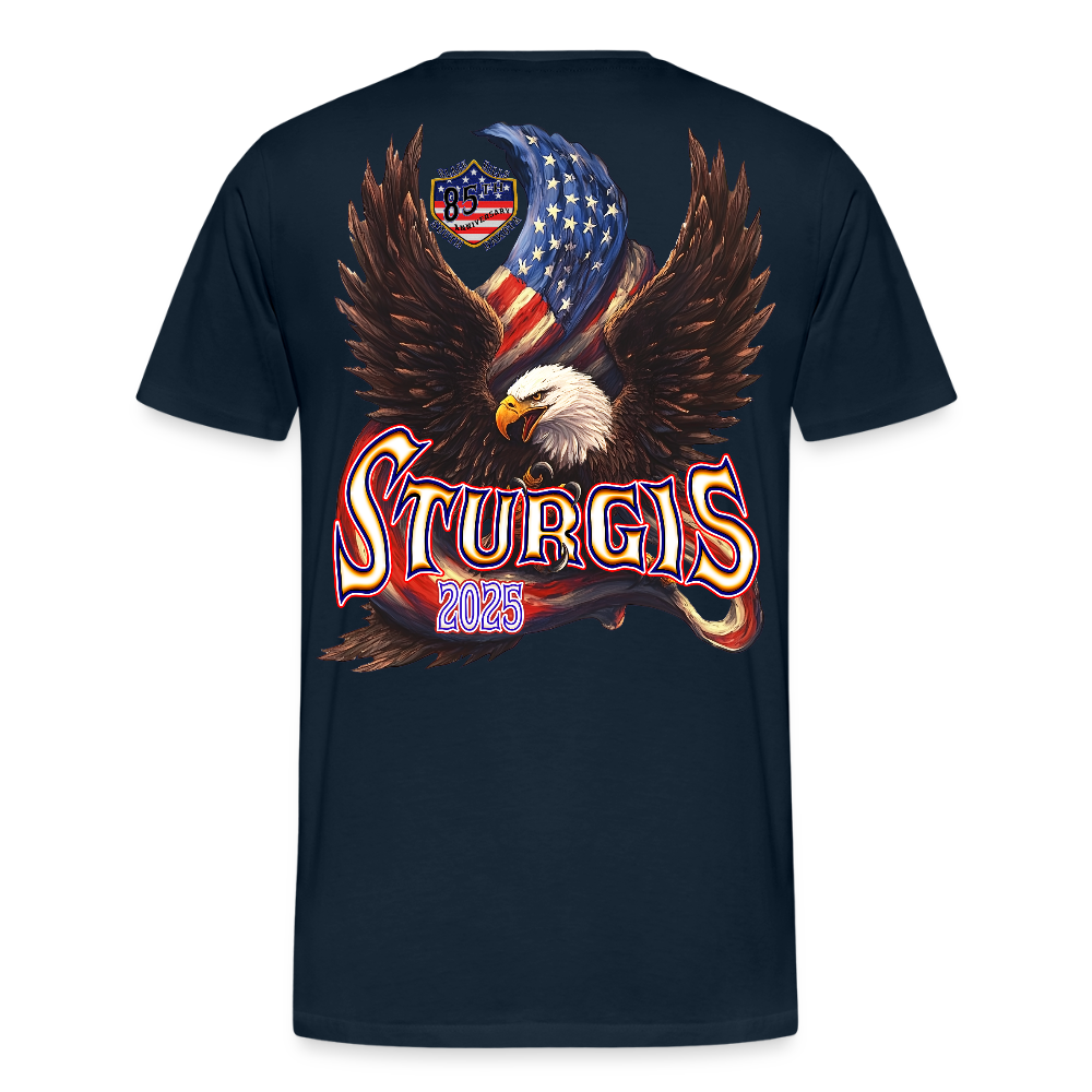 Men's Premium Sturgis Motorcycle Rally 2025 T-Shirt – 85th Anniversary Eagle & Flag Design Biker Tee -Front and Back Print - deep navy