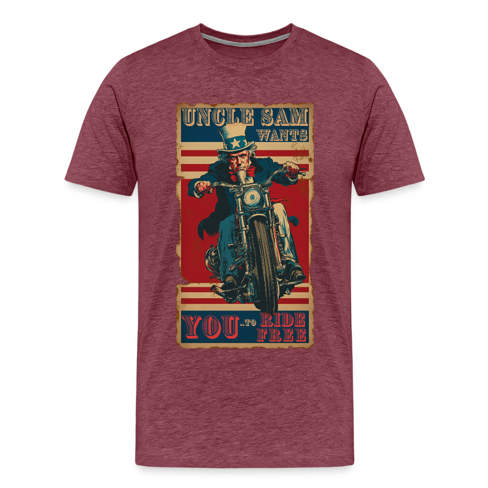 “Uncle Sam Wants YOU to Ride Free” Vintage Biker Tee – Patriotic 4th of July Graphic Shirt - heather burgundy