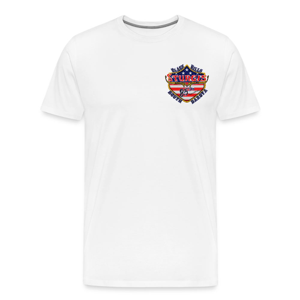 Men's Premium Sturgis Motorcycle Rally 2025 T-Shirt – 85th Anniversary Eagle & Flag Design Biker Tee -Front and Back Print - white