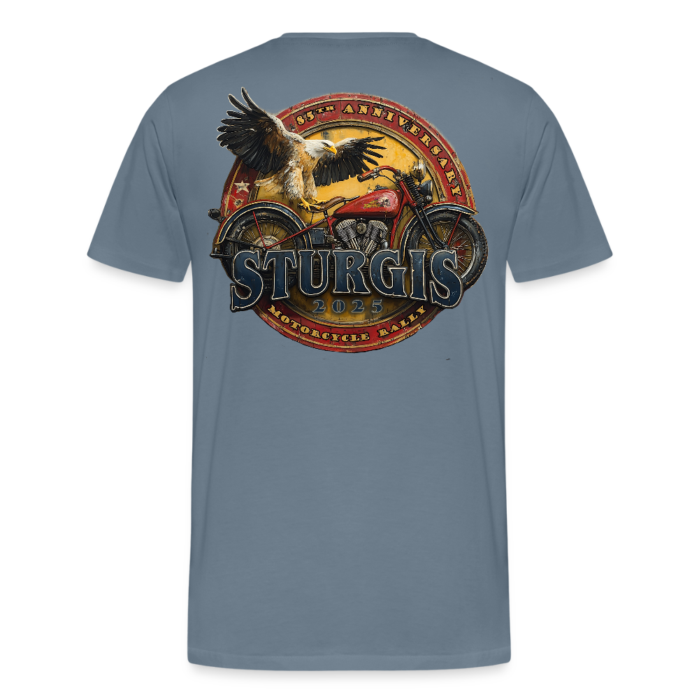 Men's Premium Sturgis Motorcycle Rally 2025 T-Shirt – 85th Anniversary Eagle and Motorcycle Biker Tee -Front and Back Print - steel blue