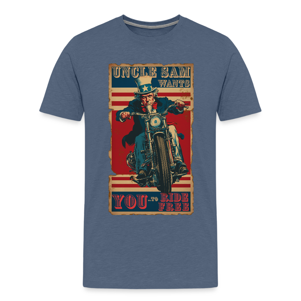 “Uncle Sam Wants YOU to Ride Free” Vintage Biker Tee – Patriotic 4th of July Graphic Shirt - heather blue