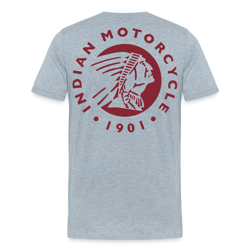 Premium Classic Indian Motorcycle Graphic Shirt - Front and Back Print - heather ice blue