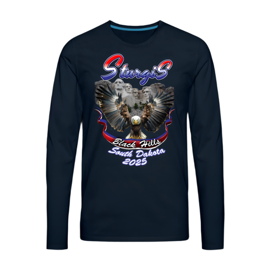 2025 Premium Sturgis Motorcycle Rally Biker Long Sleeve Mount Rushmore and Eagle T-Shirt 85th Anniversary Edition - Front Print - - deep navy