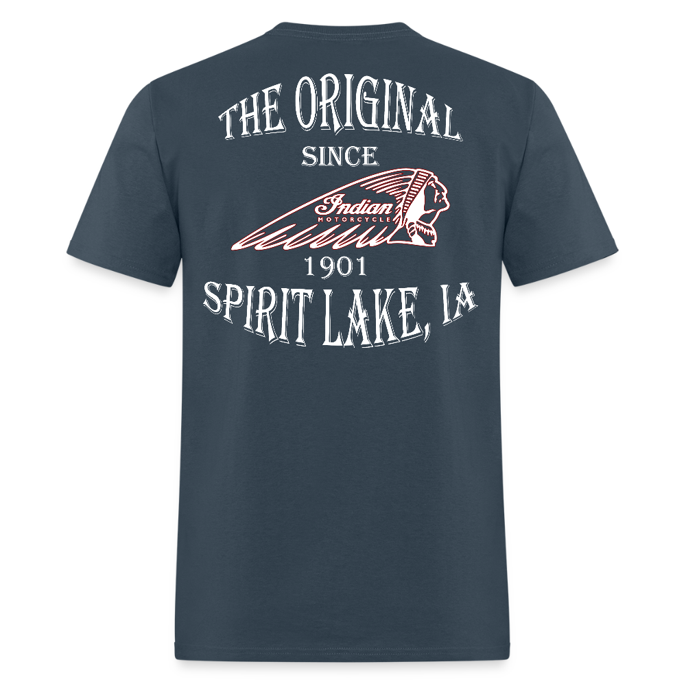 Indian Motorcycle-Legends Aren't Made, They're Built Vintage T-shirt - Front and Back Print - blue dusk