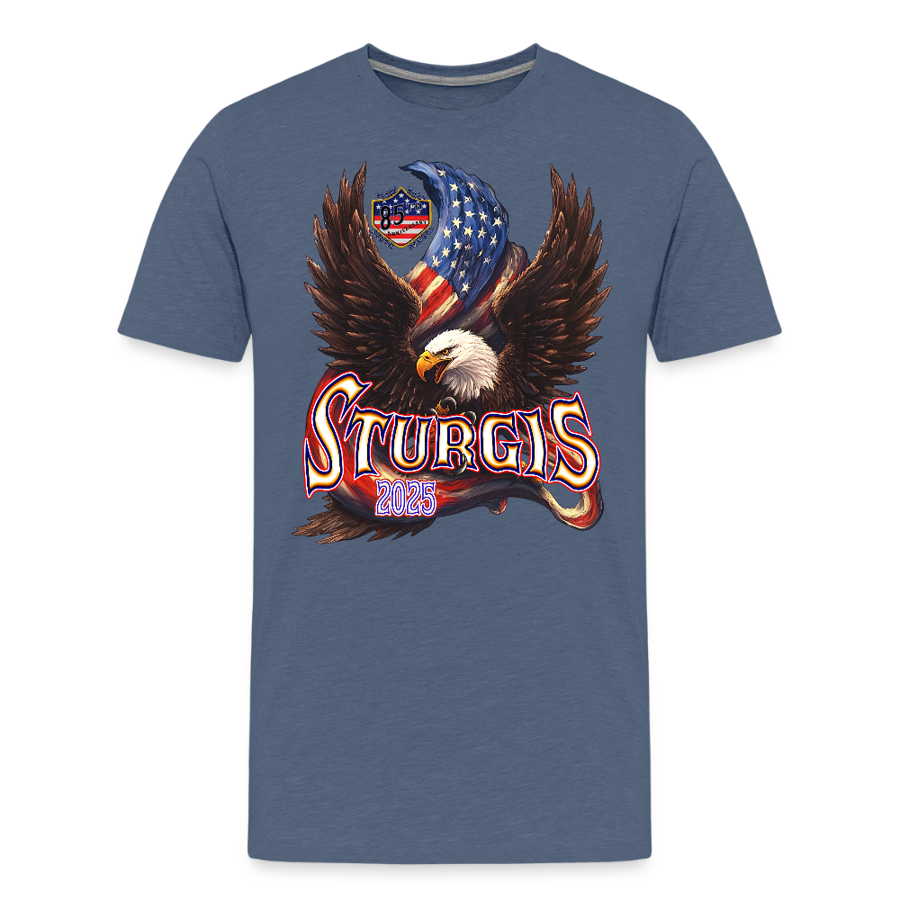 Men's Premium Sturgis Motorcycle Rally 2025 T-Shirt – 85th Anniversary Eagle & Flag Design Biker Tee -Front Print - heather blue