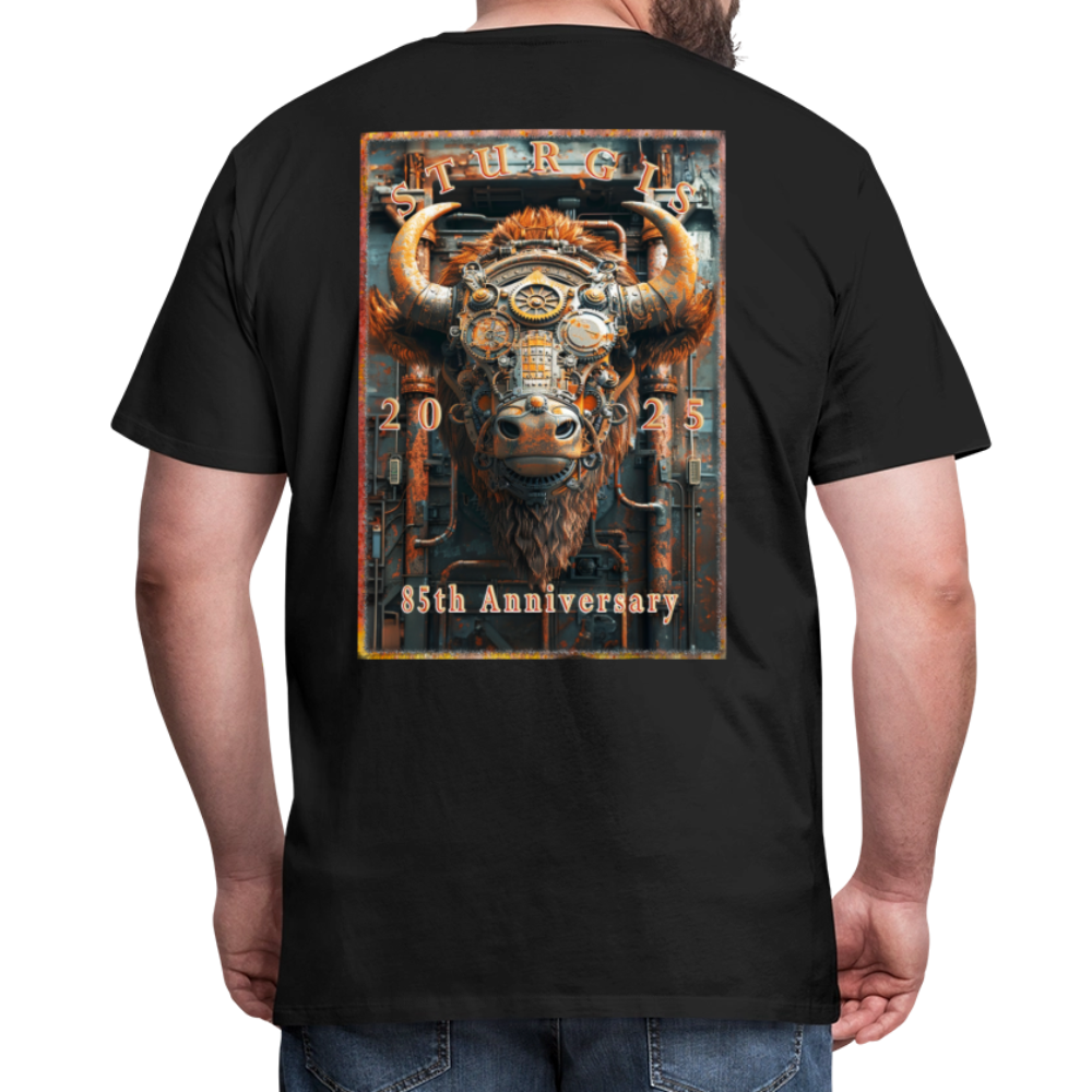 Sturgis Motorcycle Rally 2025 Premium Steampunk Buffalo T-Shirt – 85th Anniversary Steampunk Bison - Front and Back Print - black