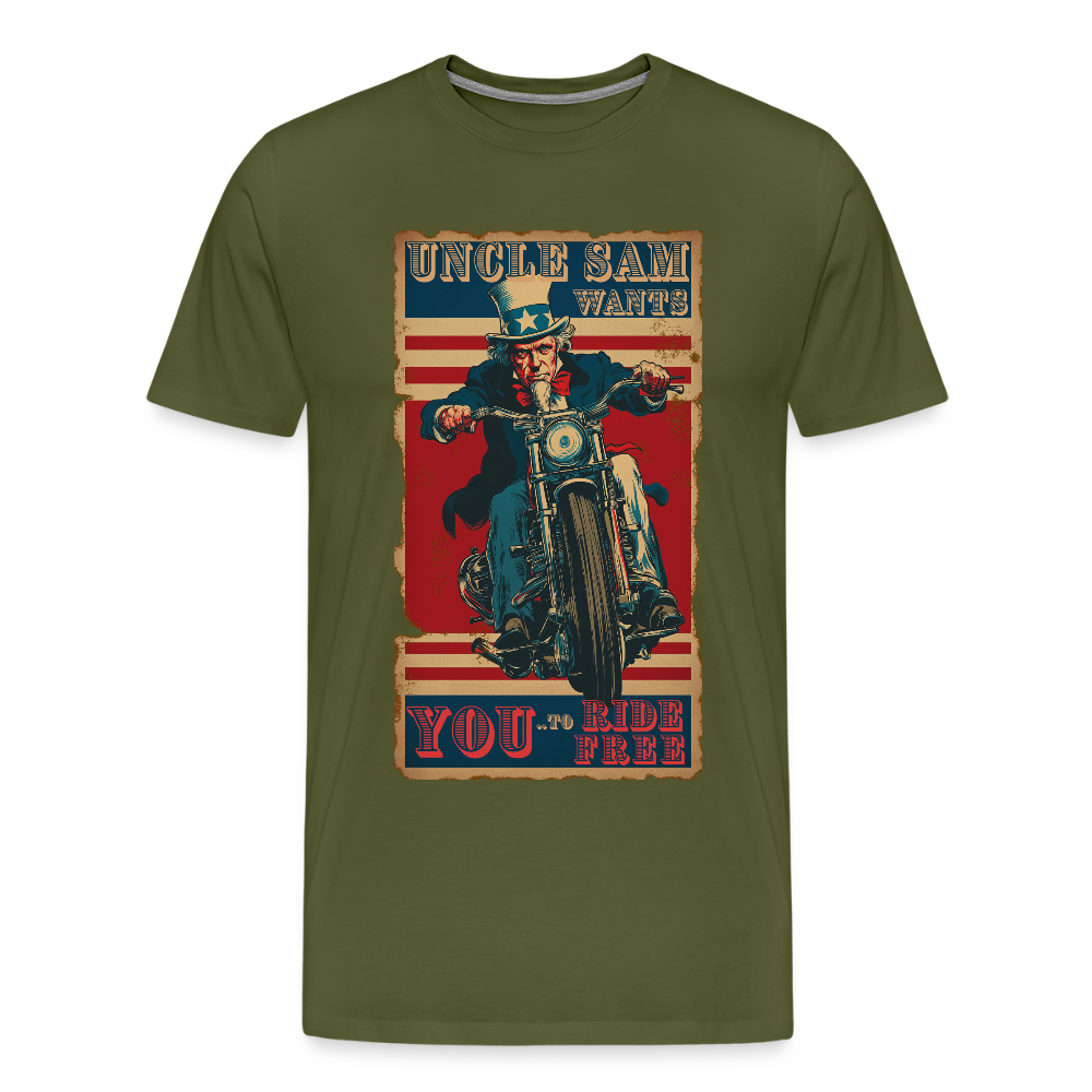 “Uncle Sam Wants YOU to Ride Free” Vintage Biker Tee – Patriotic 4th of July Graphic Shirt - olive green