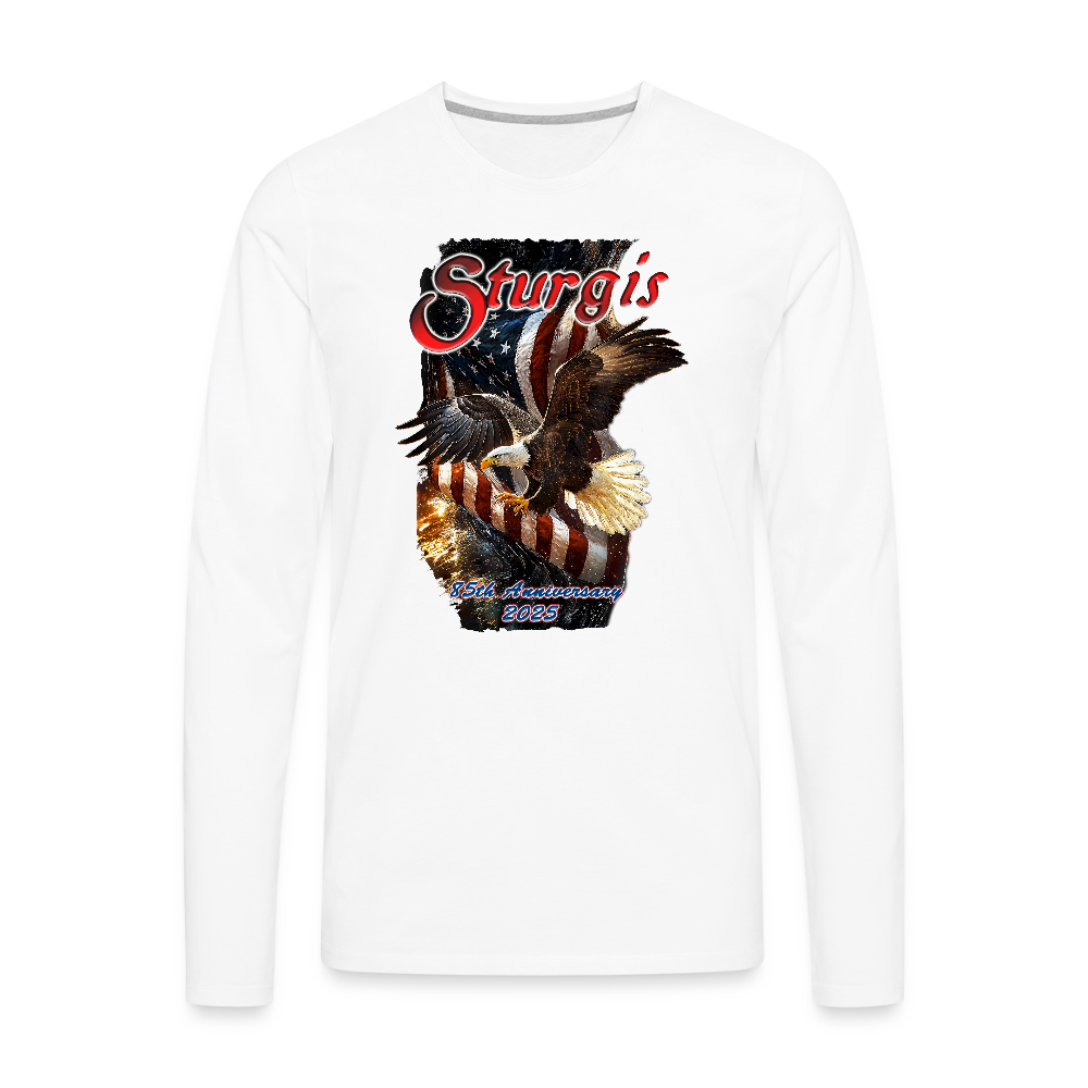 2025 Premium Sturgis Motorcycle Rally Patriotic Flag and Eagle Long Sleeve T-Shirt 85th Anniversary Edition - Front Print - white