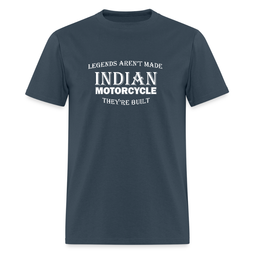 Indian Motorcycle-Legends Aren't Made, They're Built Vintage T-shirt - Front and Back Print - blue dusk