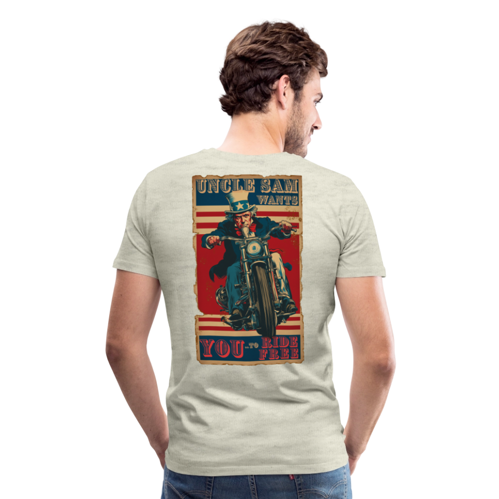 “Uncle Sam Wants YOU to Ride Free” Vintage Biker Tee – Patriotic 4th of July Graphic Shirt - Front and Back Print - heather oatmeal