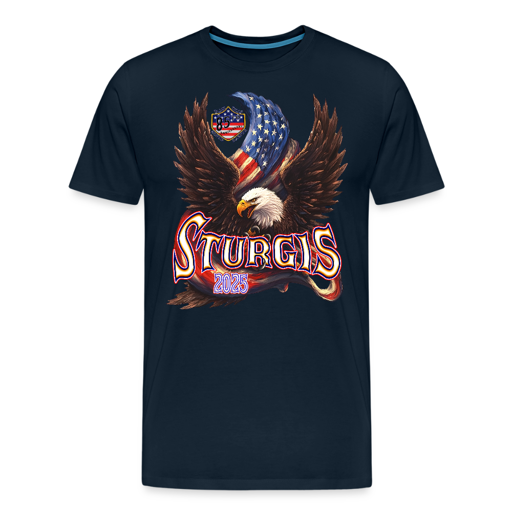 Men's Premium Sturgis Motorcycle Rally 2025 T-Shirt – 85th Anniversary Eagle & Flag Design Biker Tee -Front Print - deep navy