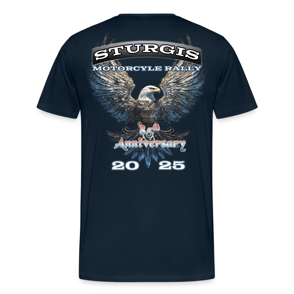 Men's Premium Sturgis Motorcycle Rally 2025 T-Shirt – 85th Anniversary Eagle Biker Tee -Front and Back Print - deep navy
