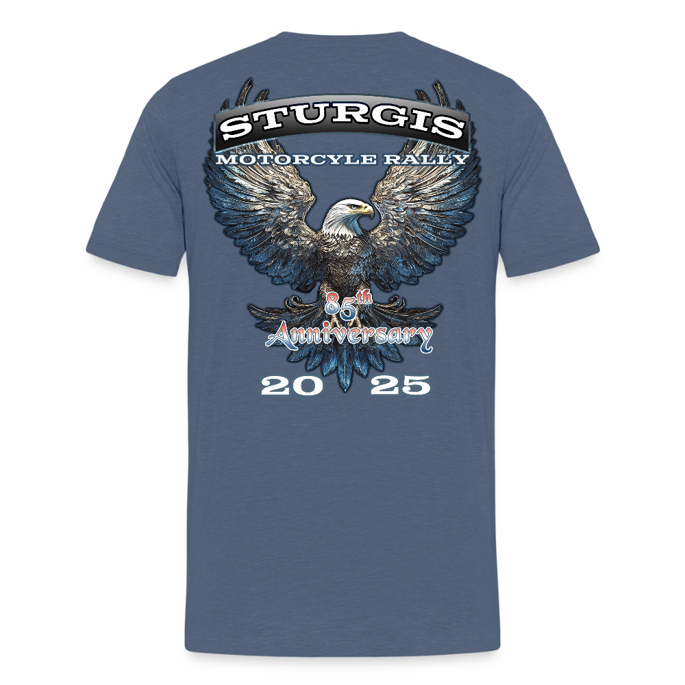 Men's Premium Sturgis Motorcycle Rally 2025 T-Shirt – 85th Anniversary Eagle Biker Tee -Front and Back Print - heather blue