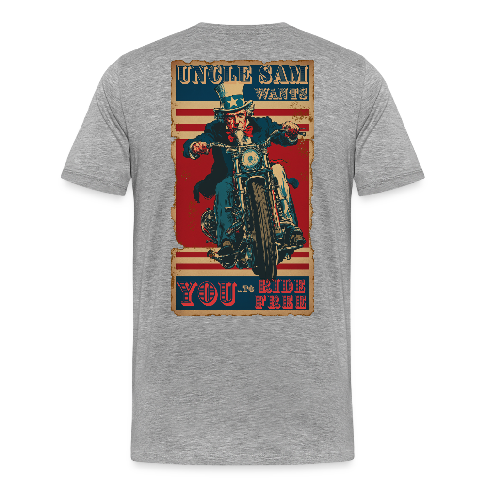 “Uncle Sam Wants YOU to Ride Free” Vintage Biker Tee – Patriotic 4th of July Graphic Shirt - Front and Back Print - heather gray