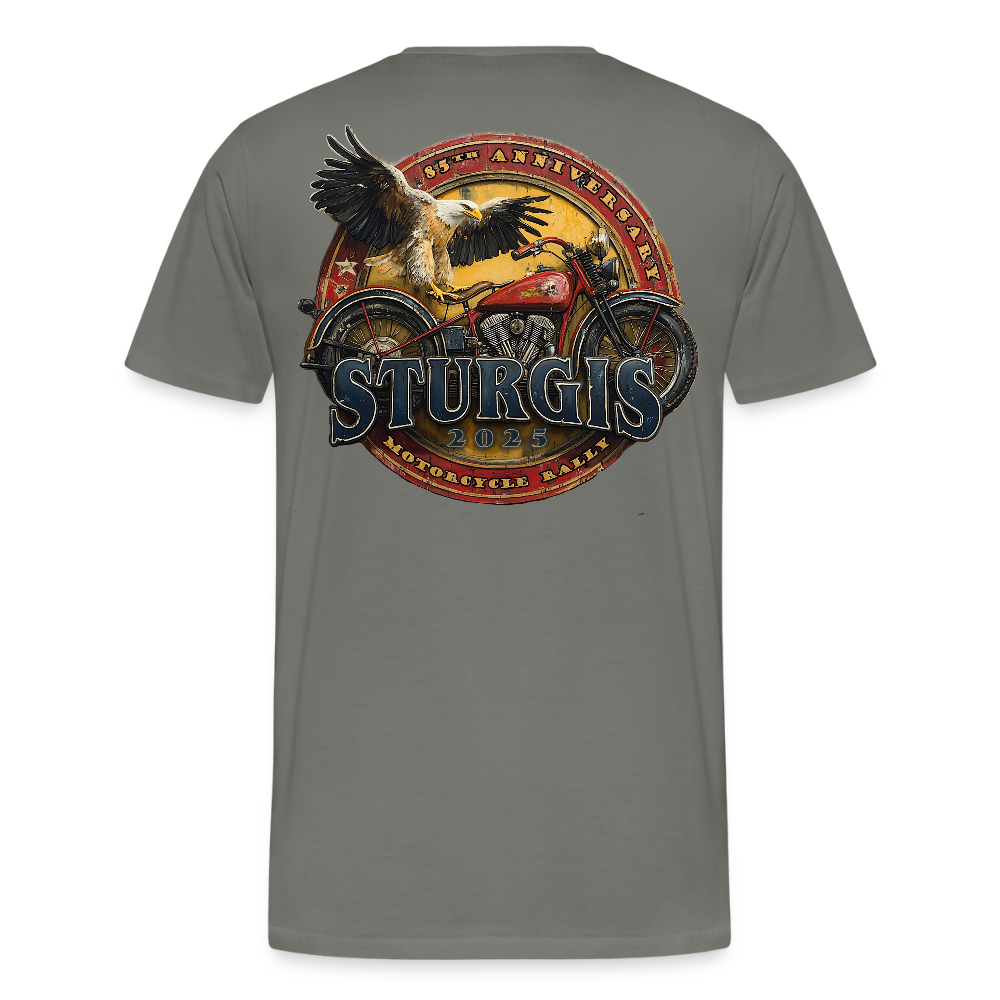 Men's Premium Sturgis Motorcycle Rally 2025 T-Shirt – 85th Anniversary Eagle and Motorcycle Biker Tee -Front and Back Print - asphalt gray