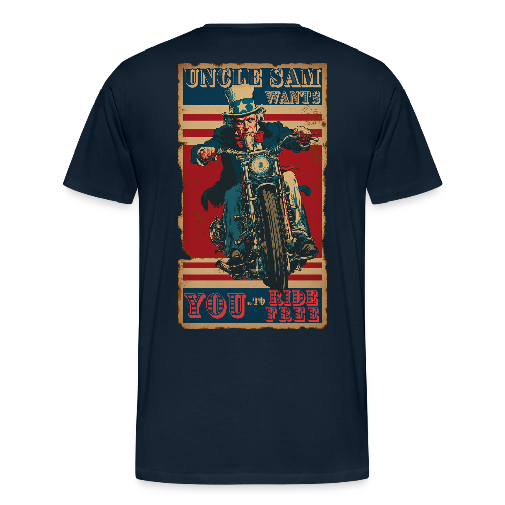 “Uncle Sam Wants YOU to Ride Free” Vintage Biker Tee – Patriotic 4th of July Graphic Shirt - Front and Back Print - deep navy