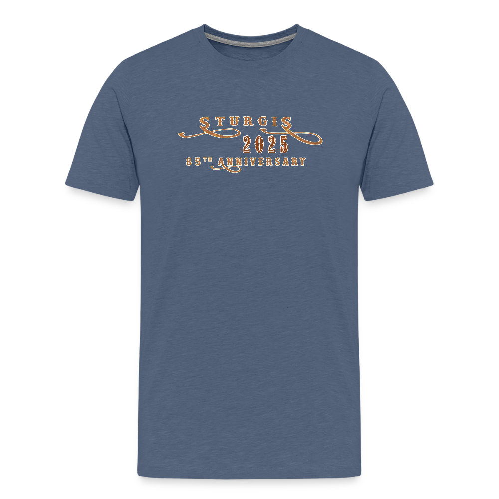 Men's Premium Sturgis Motorcycle Rally 2025 T-Shirt – 85th Anniversary Eagle and Motorcycle Biker Tee -Front and Back Print - heather blue