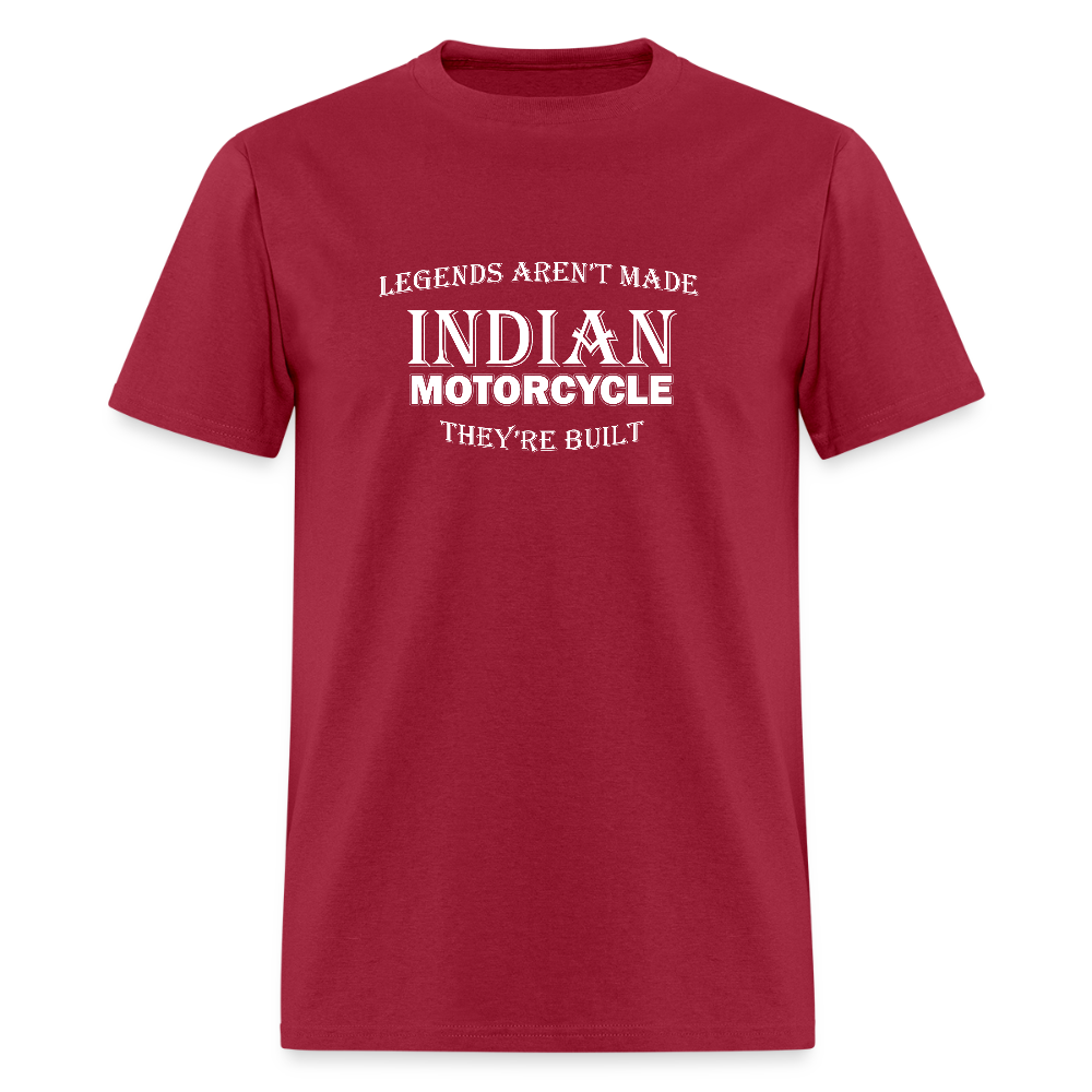 Indian Motorcycle-Legends Aren't Made, They're Built Vintage T-shirt - Front and Back Print - dark red