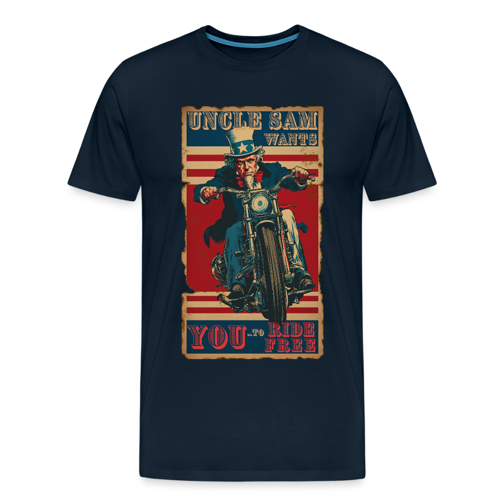 “Uncle Sam Wants YOU to Ride Free” Vintage Biker Tee – Patriotic 4th of July Graphic Shirt - deep navy
