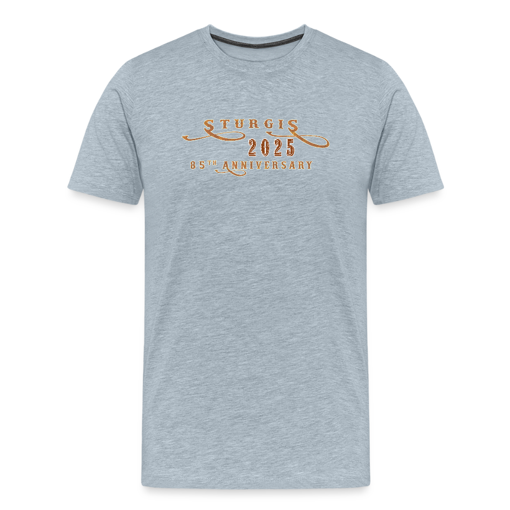 Men's Premium Sturgis Motorcycle Rally 2025 T-Shirt – 85th Anniversary Eagle and Motorcycle Biker Tee -Front and Back Print - heather ice blue