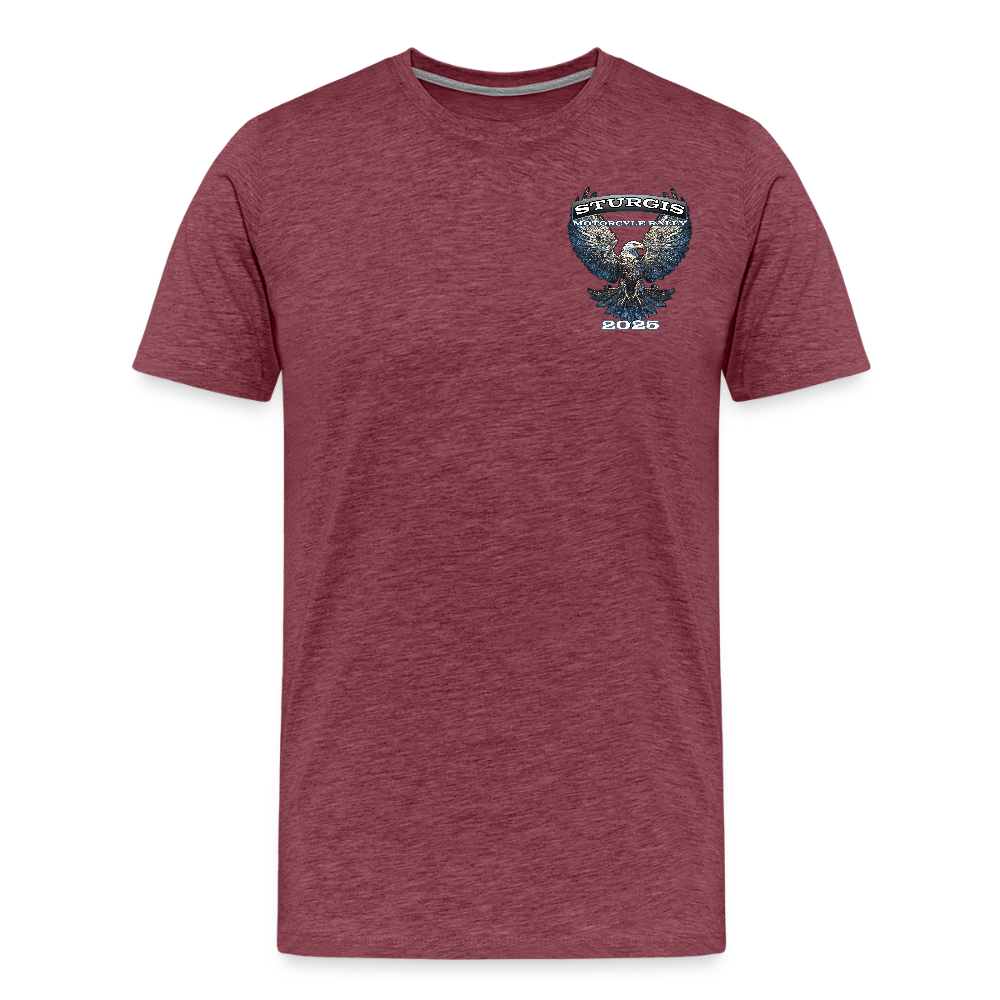 Men's Premium Sturgis Motorcycle Rally 2025 T-Shirt – 85th Anniversary Eagle Biker Tee -Front and Back Print - heather burgundy