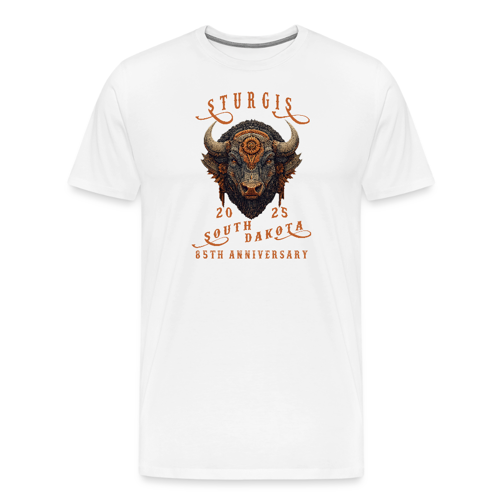 Sturgis Motorcycle Rally 2025 Premium Steampunk Buffalo T-Shirt – 85th Anniversary Steampunk Bison - Front and Back Print - white
