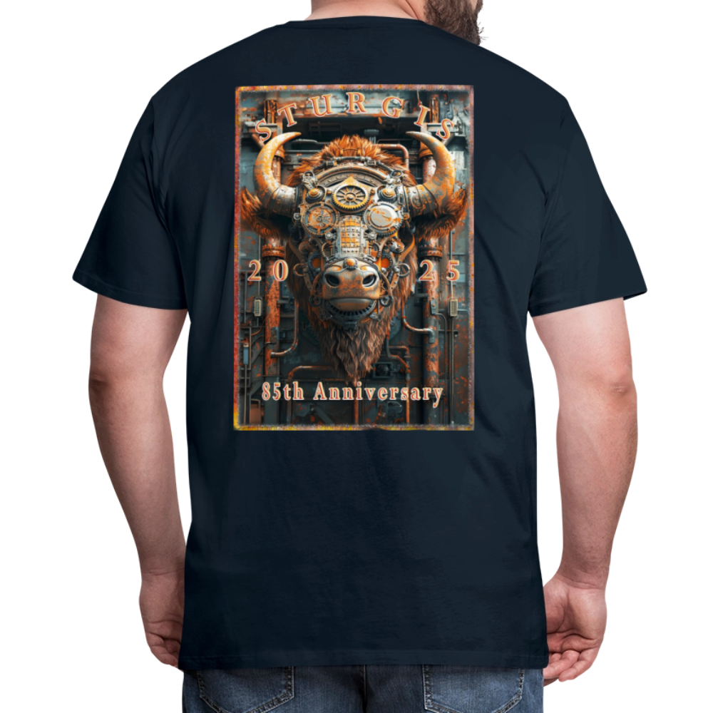Sturgis Motorcycle Rally 2025 Premium Steampunk Buffalo T-Shirt – 85th Anniversary Steampunk Bison - Front and Back Print - deep navy