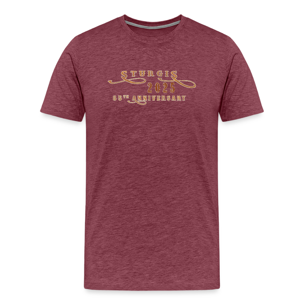 Men's Premium Sturgis Motorcycle Rally 2025 T-Shirt – 85th Anniversary Eagle and Motorcycle Biker Tee -Front and Back Print - heather burgundy