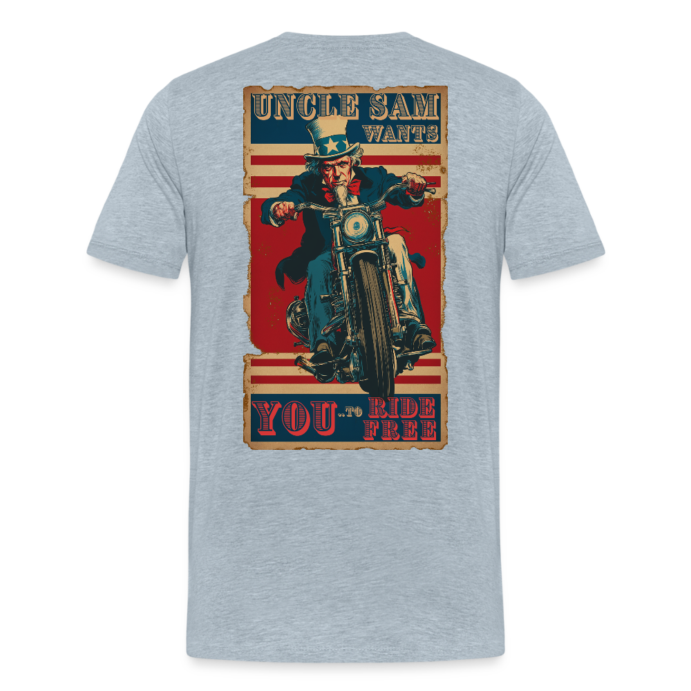 “Uncle Sam Wants YOU to Ride Free” Vintage Biker Tee – Patriotic 4th of July Graphic Shirt - Front and Back Print - heather ice blue