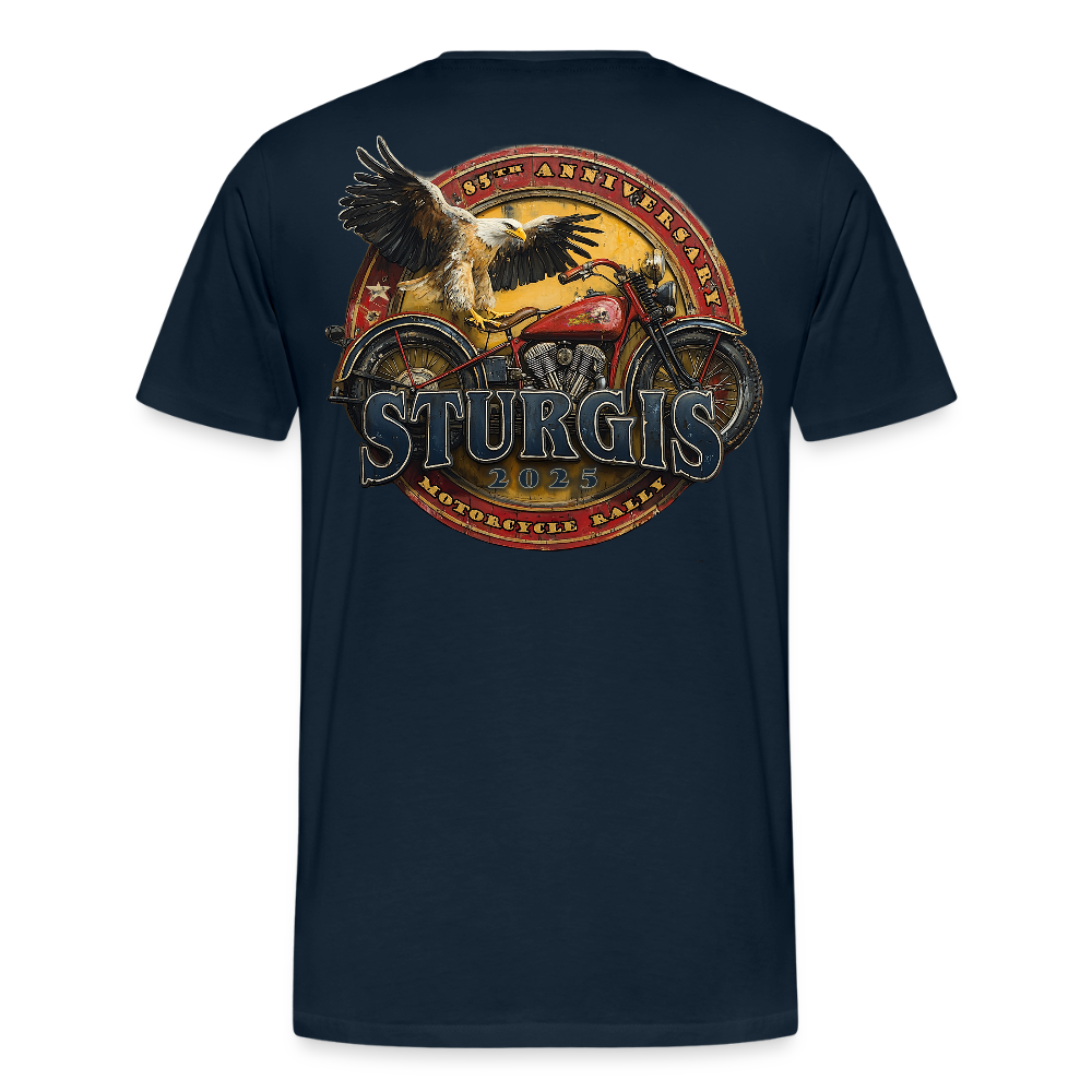 Men's Premium Sturgis Motorcycle Rally 2025 T-Shirt – 85th Anniversary Eagle and Motorcycle Biker Tee -Front and Back Print - deep navy