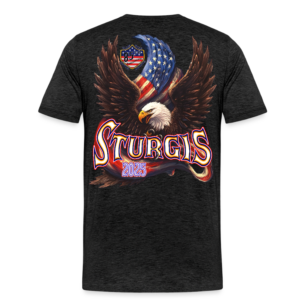 Men's Premium Sturgis Motorcycle Rally 2025 T-Shirt – 85th Anniversary Eagle & Flag Design Biker Tee -Front and Back Print - charcoal grey