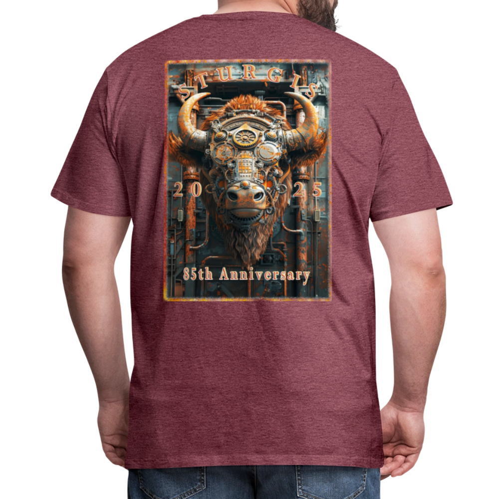 Sturgis Motorcycle Rally 2025 Premium Steampunk Buffalo T-Shirt – 85th Anniversary Steampunk Bison - Front and Back Print - heather burgundy