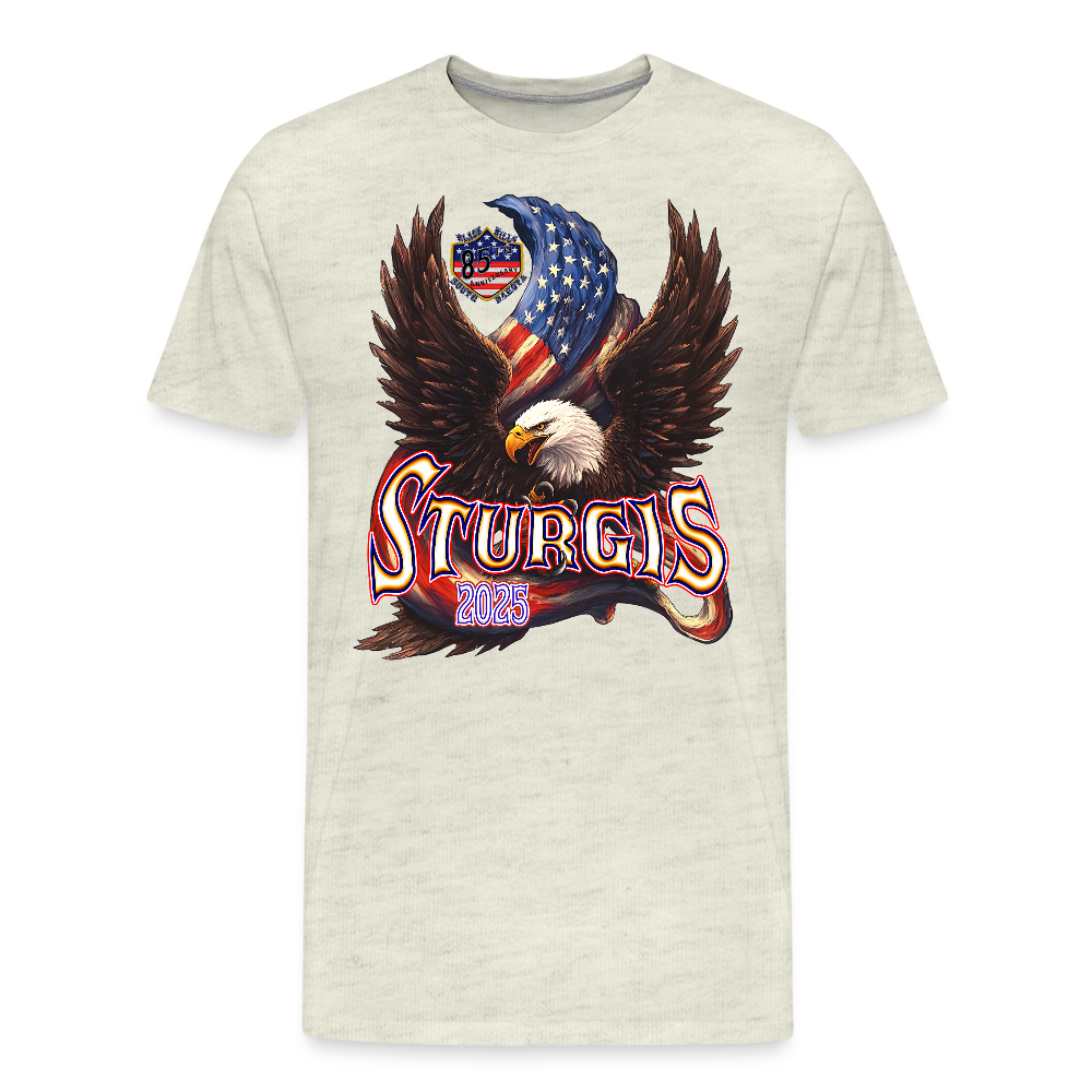 Men's Premium Sturgis Motorcycle Rally 2025 T-Shirt – 85th Anniversary Eagle & Flag Design Biker Tee -Front Print - heather oatmeal