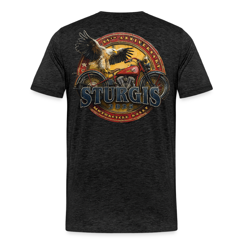 Men's Premium Sturgis Motorcycle Rally 2025 T-Shirt – 85th Anniversary Eagle and Motorcycle Biker Tee -Front and Back Print - charcoal grey